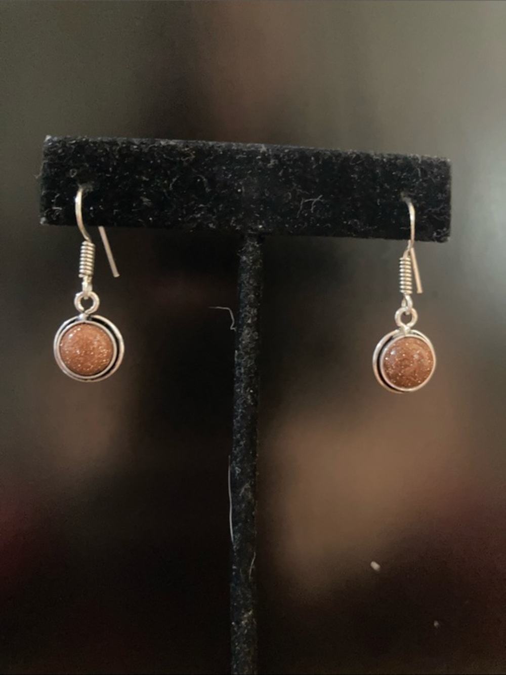 Silver Drop Earrings with Brown Glitter Stone